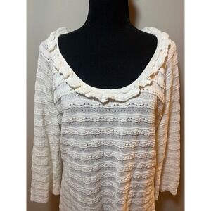 Saks Fifth Avenue White Pointelle Knit Ruffle Scoop Neck Top XL Cotton Blend